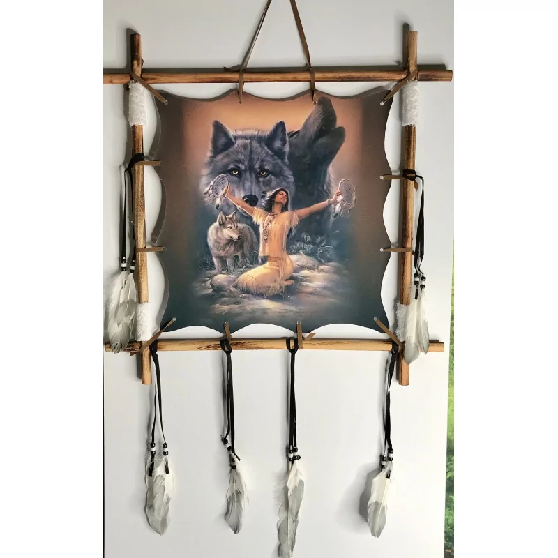 Attrape rêves cadre, Amérindienne & Loups. 50 cm