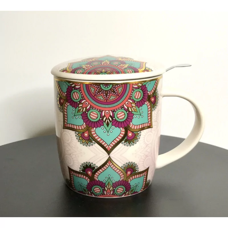 Tasse à thé infuseur en porcelaine, Mandala Turquoise, 400 ml