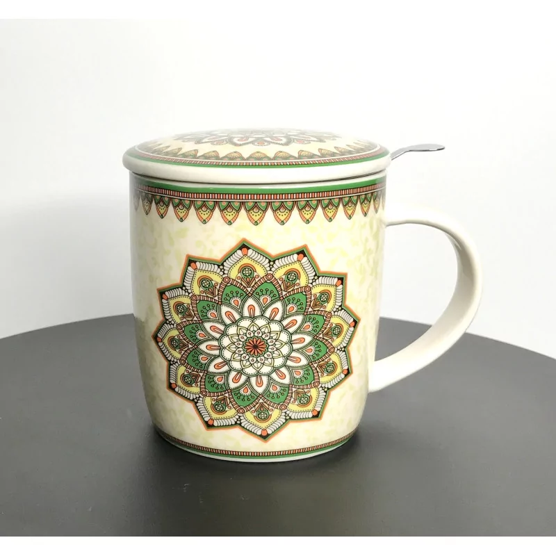 Tasse à thé infuseur, en porcelaine,Mandala vert, 400ml.