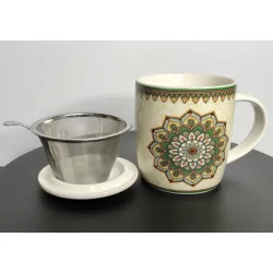 Tasse à thé infuseur, en porcelaine,Mandala vert, 400ml.