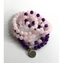 Mala Quartz rose Améthyste élastique Lotus.