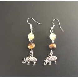 Boucles d’oreilles Oeil de Tigre & Quartz Rutile avec un éléphant.