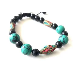 Bracelet Turquoise corail & Agate noire ajustable.