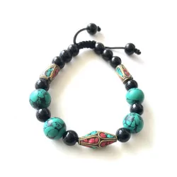 Bracelet Turquoise corail & Agate noire ajustable.