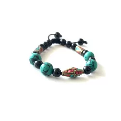 Bracelet Turquoise corail & Agate noire ajustable.