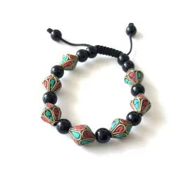 Pulsera de turquesa, coral y agata negro regulable